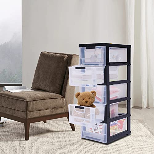 Plastic Drawers Dresser with 5 Drawers, 15.75 x 11.81 x 33.07inches Plastic Tower Closet Organizer with Wheels Transparent Organizer Suitable for Apartments Condos And Dorm Rooms, Gdrasuya10