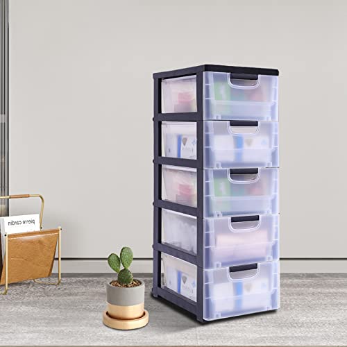 Plastic Drawers Dresser with 5 Drawers, 15.75 x 11.81 x 33.07inches Plastic Tower Closet Organizer with Wheels Transparent Organizer Suitable for Apartments Condos And Dorm Rooms, Gdrasuya10