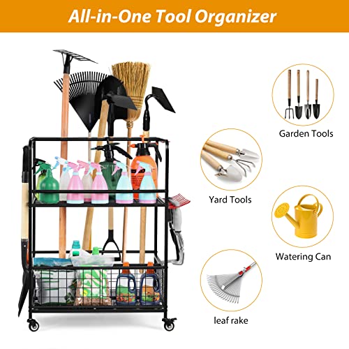 HEOMU Garden Tool Organizer for Garage, Garden Tool Rack Tool Organizers and Storage, Yard Tool Organizer for Garage, Shed, Outdoor, Garden Broom Holder, Black