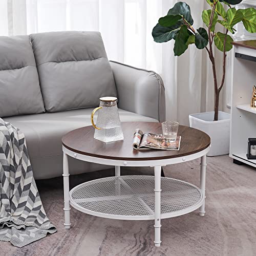 VINGLI 31.5" Rustic Oak White Round Farmhouse Coffee Table, 2-Tier Storage Wood Center Circle Accent Table for Living Room, Bedroom, Apartment, Studio and Small Spaces, Sturdy Metal Frame