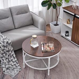 VINGLI 31.5" Rustic Oak White Round Farmhouse Coffee Table, 2-Tier Storage Wood Center Circle Accent Table for Living Room, Bedroom, Apartment, Studio and Small Spaces, Sturdy Metal Frame