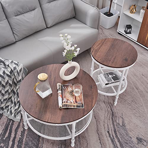 VINGLI 31.5" Rustic Oak White Round Farmhouse Coffee Table, 2-Tier Storage Wood Center Circle Accent Table for Living Room, Bedroom, Apartment, Studio and Small Spaces, Sturdy Metal Frame