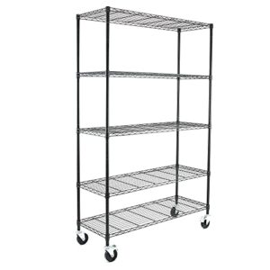 efine 5-tier nsf certified storage shelves, heavy duty steel wire shelving unit with wheels and adjustable feet, used as pantry shelf, garage or bakers rack kitchen shelving - (18"x48"x72" black)