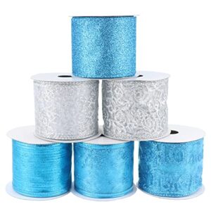 dindosal turquoise blue christmas ribbon wired 2.5" blue and silver christmas tree ribbon garland glitter christmas ribbon for tree, gift wrapping, bows 6 rolls 36 yards