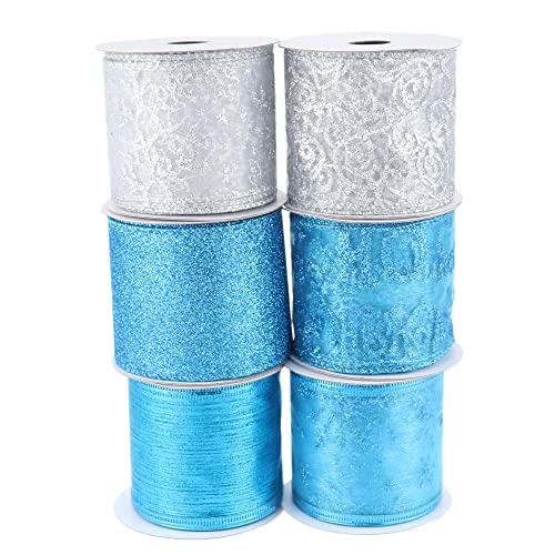 DINDOSAL Turquoise Blue Christmas Ribbon Wired 2.5" Blue and Silver Christmas Tree Ribbon Garland Glitter Christmas Ribbon for Tree, Gift Wrapping, Bows 6 Rolls 36 Yards