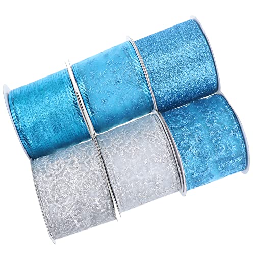 DINDOSAL Turquoise Blue Christmas Ribbon Wired 2.5" Blue and Silver Christmas Tree Ribbon Garland Glitter Christmas Ribbon for Tree, Gift Wrapping, Bows 6 Rolls 36 Yards