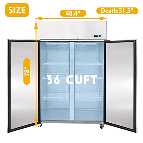 Aceland AR-48B NON-ETL 48'' W Commercial Refrigerator 2 door Stainless Reach in Solid door Upright Fan Cooling Cooler for Restaurant, Bar, Shop, Residential 36 Cu.ft, Silver
