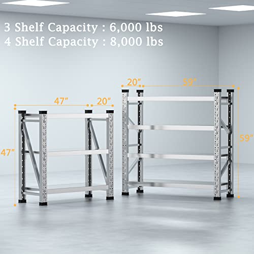 KINGBO Garage Shelving, 4 Shelf Adjustable Stainless Steel Industrial Storage Rack, 59" W x 20" D x 59" H Heavy Duty Industrial Shelving for Garage, Shop, Warehouse, Basement, Total Capacity 8,000 lbs