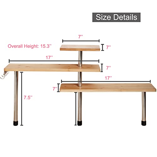 DRDINGRUI Kitchen Countertop Organizer Corner Shelves, 3 Tiers Bamboo Spice Rack, Makeup Organizer Shelves, Plant Display Shelf, Space Saving Desk Storage with Hooks