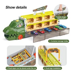 Dinosaur Cars Toys with 81.5inch Dino Track, Carrier Transport Dinosaur Truck with 6pcs Die-cast Cars Toys for Kids 3 4 5 6, Parking Lot Garage Kids Toys for Boys 3-5 5-7 Years Old Gift