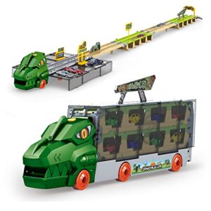 dinosaur cars toys with 81.5inch dino track, carrier transport dinosaur truck with 6pcs die-cast cars toys for kids 3 4 5 6, parking lot garage kids toys for boys 3-5 5-7 years old gift