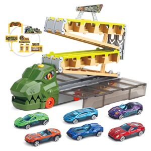 Dinosaur Cars Toys with 81.5inch Dino Track, Carrier Transport Dinosaur Truck with 6pcs Die-cast Cars Toys for Kids 3 4 5 6, Parking Lot Garage Kids Toys for Boys 3-5 5-7 Years Old Gift