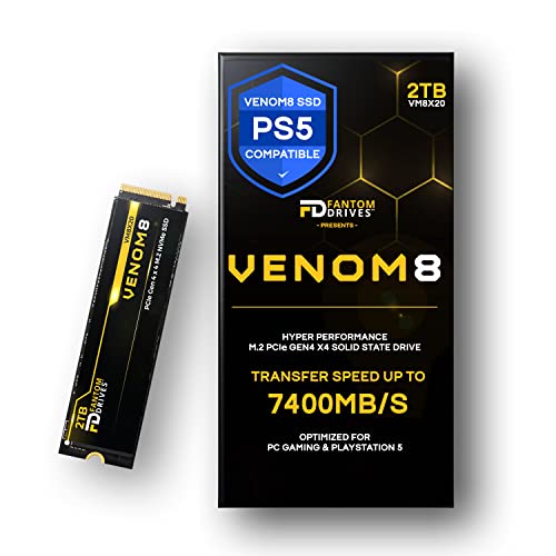 Fantom Drives VENOM8 2TB SSD NVMe Gen 4 M.2 2280 for PS5 Storage Expansion, Gaming PC & Laptops - Up to 7400MB/s - 3D NAND TLC 2TB M.2 (VM8X20)