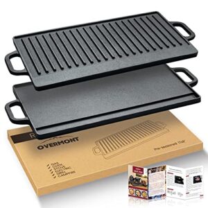 overmont pre-seasoned 17x9" cast iron reversible griddle grill pan with handles for gas stovetop open fire oven, 1 tray