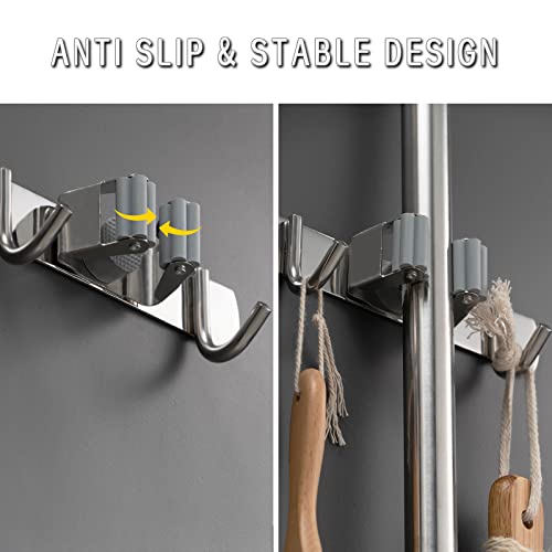 OUAIVANY Mop and Broom Holder Wall Mount, Mop Holder Stainless Steel Broom Hanger Rack Heavy Duty Broom Organizer for Home Kitchen Bathroom (2 Packs)