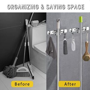 OUAIVANY Mop and Broom Holder Wall Mount, Mop Holder Stainless Steel Broom Hanger Rack Heavy Duty Broom Organizer for Home Kitchen Bathroom (2 Packs)