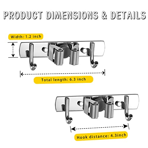 OUAIVANY Mop and Broom Holder Wall Mount, Mop Holder Stainless Steel Broom Hanger Rack Heavy Duty Broom Organizer for Home Kitchen Bathroom (2 Packs)