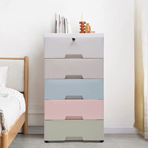loyalheartdy plastic drawers dresser, 5 drawers dressers chests with wheels, storage closet cabinet with lock clothes toys snacks organizer for bedroom, living room, playroom