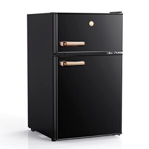 joy kitchen jr31tbke10 2-door mini fridge with freezer adjustable thermostat, low noise, energy-efficient, compact refrigerator for dorm, office, bedroom, 3.1 cu ft, black