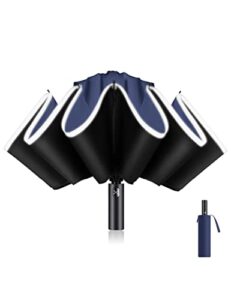 xixvon umbrella pro (10 ribs, blue) | upf 50+ 99% uv protection, reflective safety strip, sturdy windproof, travel portable, automatic | reverse folding umbrella