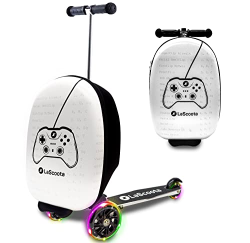 Lascoota Scooter Suitcase, Foldable Scooter Luggage For Kids - Lightweight Kids Ride on Luggage Scooter, LED Lights - Video Game Graphic Suitcase Scooter, Ride On Suitcase for Kids Ages 4-8