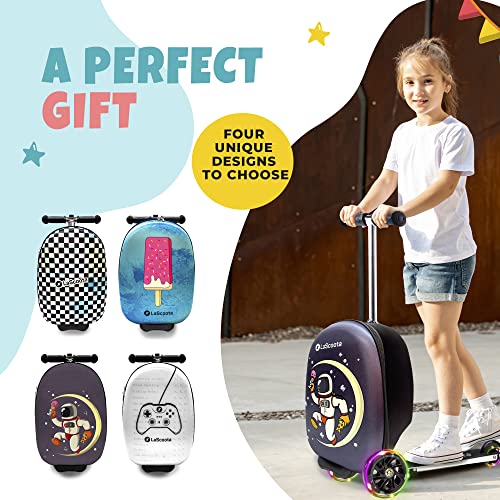 Lascoota Scooter Suitcase, Foldable Scooter Luggage For Kids - Lightweight Kids Ride on Luggage Scooter, LED Lights - Video Game Graphic Suitcase Scooter, Ride On Suitcase for Kids Ages 4-8