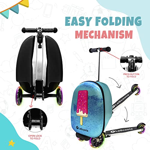 Lascoota Scooter Suitcase, Foldable Scooter Luggage For Kids - Lightweight Kids Ride on Luggage Scooter, LED Lights - Video Game Graphic Suitcase Scooter, Ride On Suitcase for Kids Ages 4-8