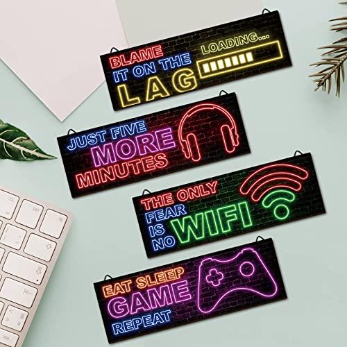 clothmile 4 Pcs Neon Gaming Decor for Boys Room Wooden Video Game Wall Art Motivational Quote Gamer Hanging Plaques Inspirational Wall Decor for Boys Kids Room Bedroom Playroom Decorations