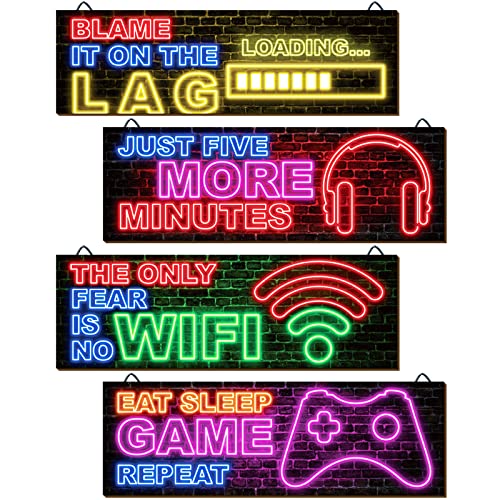 clothmile 4 Pcs Neon Gaming Decor for Boys Room Wooden Video Game Wall Art Motivational Quote Gamer Hanging Plaques Inspirational Wall Decor for Boys Kids Room Bedroom Playroom Decorations