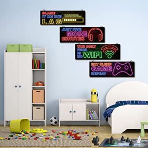 clothmile 4 Pcs Neon Gaming Decor for Boys Room Wooden Video Game Wall Art Motivational Quote Gamer Hanging Plaques Inspirational Wall Decor for Boys Kids Room Bedroom Playroom Decorations