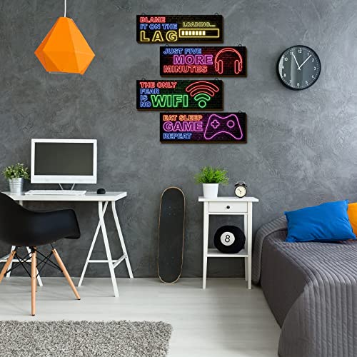 clothmile 4 Pcs Neon Gaming Decor for Boys Room Wooden Video Game Wall Art Motivational Quote Gamer Hanging Plaques Inspirational Wall Decor for Boys Kids Room Bedroom Playroom Decorations