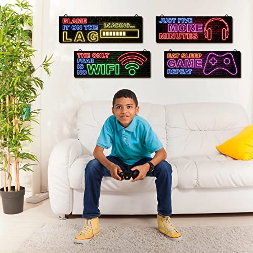 clothmile 4 Pcs Neon Gaming Decor for Boys Room Wooden Video Game Wall Art Motivational Quote Gamer Hanging Plaques Inspirational Wall Decor for Boys Kids Room Bedroom Playroom Decorations