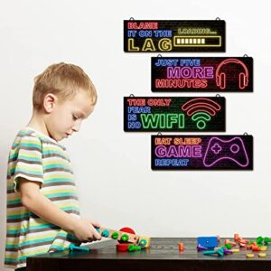 clothmile 4 Pcs Neon Gaming Decor for Boys Room Wooden Video Game Wall Art Motivational Quote Gamer Hanging Plaques Inspirational Wall Decor for Boys Kids Room Bedroom Playroom Decorations