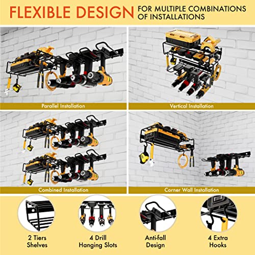 PITCH + PULSE Power Tool Organizer, Garage Tool Storage Organization, Drill Holder Racks Wall Mount Floating Shelf Set for Workshop Shed Pegboard Fitted