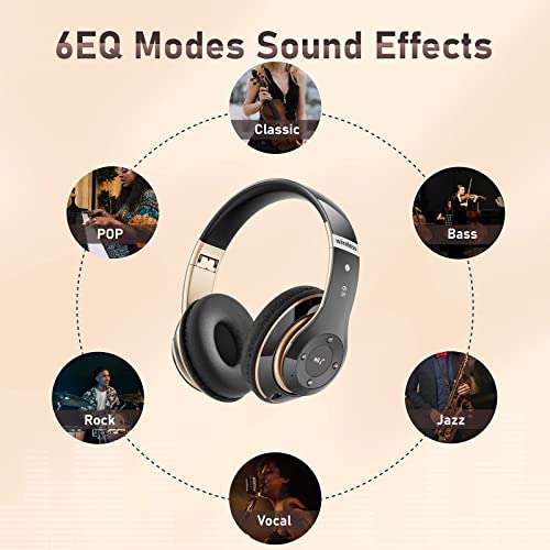 Bluetooth Headphones Over Ear, 6S Foldable Wireless Headphones with 6 EQ Modes, 40 Hours Playtime HiFi Stereo Headset with Mic, Soft Ear Pads, TF/FM for Cellphone/PC/Home (Black & Gold)