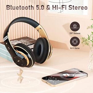Bluetooth Headphones Over Ear, 6S Foldable Wireless Headphones with 6 EQ Modes, 40 Hours Playtime HiFi Stereo Headset with Mic, Soft Ear Pads, TF/FM for Cellphone/PC/Home (Black & Gold)