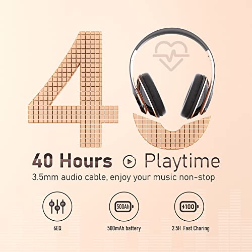 Bluetooth Headphones Over Ear, 6S Foldable Wireless Headphones with 6 EQ Modes, 40 Hours Playtime HiFi Stereo Headset with Mic, Soft Ear Pads, TF/FM for Cellphone/PC/Home (Black & Gold)