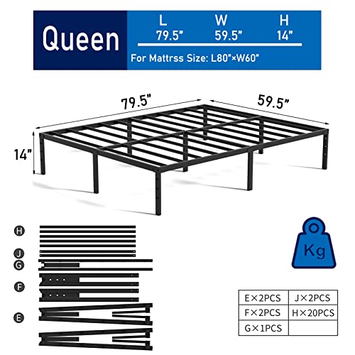 Vengarus Queen Bed Frame - 14inch Heavy Duty Metal Platform Bed Frames Queen Size with Storage Space Under Frame, Sturdy Steel Slat Support, No Box Spring Needed