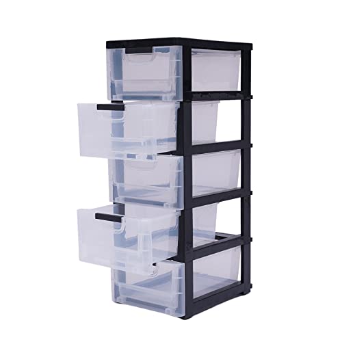 5 Drawers Storage Tower Stackable Desktop Storage Unit Transparent Storage Box Cabinet Black Frame with Clear Drawers w/4 Wheels Container Case for Living Room Bedroom