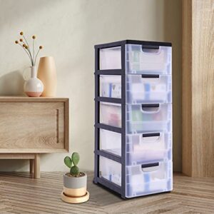 5 drawers storage tower stackable desktop storage unit transparent storage box cabinet black frame with clear drawers w/4 wheels container case for living room bedroom