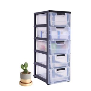 5 Drawers Storage Tower Stackable Desktop Storage Unit Transparent Storage Box Cabinet Black Frame with Clear Drawers w/4 Wheels Container Case for Living Room Bedroom