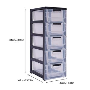 5 Drawers Storage Tower Stackable Desktop Storage Unit Transparent Storage Box Cabinet Black Frame with Clear Drawers w/4 Wheels Container Case for Living Room Bedroom