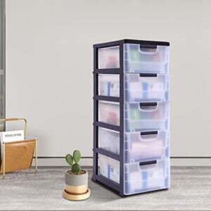 5 Drawers Storage Tower Stackable Desktop Storage Unit Transparent Storage Box Cabinet Black Frame with Clear Drawers w/4 Wheels Container Case for Living Room Bedroom