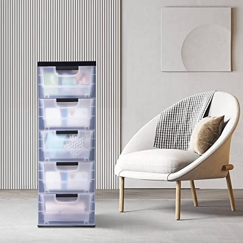 5 Drawers Storage Tower Stackable Desktop Storage Unit Transparent Storage Box Cabinet Black Frame with Clear Drawers w/4 Wheels Container Case for Living Room Bedroom