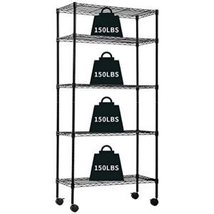 mghh garage shelving, metal shelves 5 tier wire shelving unit adjustable heavy duty sturdy steel shelving rolling cart with casters for pantry garage kitchen, black