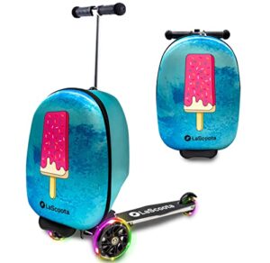 lascoota scooter suitcase, foldable scooter luggage for kids - lightweight kids ride on luggage scooter with wheels, led lights - ice cream graphic suitcase scooter, ride on suitcase for kids ages 4-8