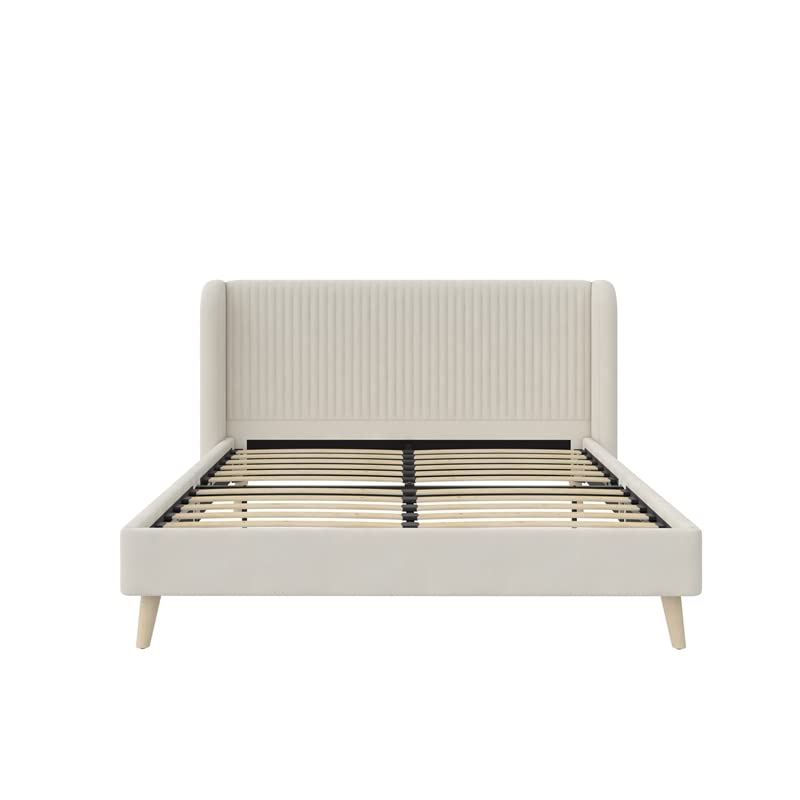 Novogratz Holly Upholstered Wingback Bed Frame, Queen, Ivory Velvet