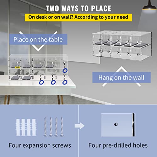 VEVOR Cell Phone Storage Locker, 10 Slots Acrylic Material with Door Locks and Keys, Wall-Mounted Cabinet Pocket Office Classroom Gym Box, Clear