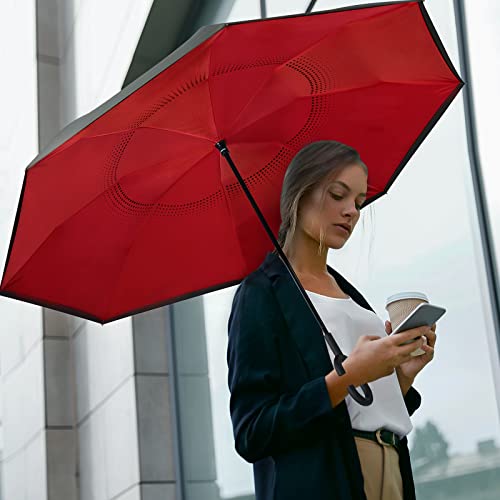 G4Free 62 Inch Large Reverse Umbrella with C-Shaped Handle, Windproof Upside Down Inverted Close Rain Umbrella for Women and Men (Black/Red)