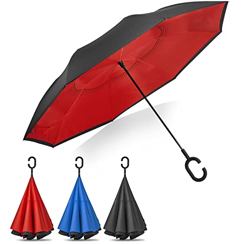 G4Free 62 Inch Large Reverse Umbrella with C-Shaped Handle, Windproof Upside Down Inverted Close Rain Umbrella for Women and Men (Black/Red)